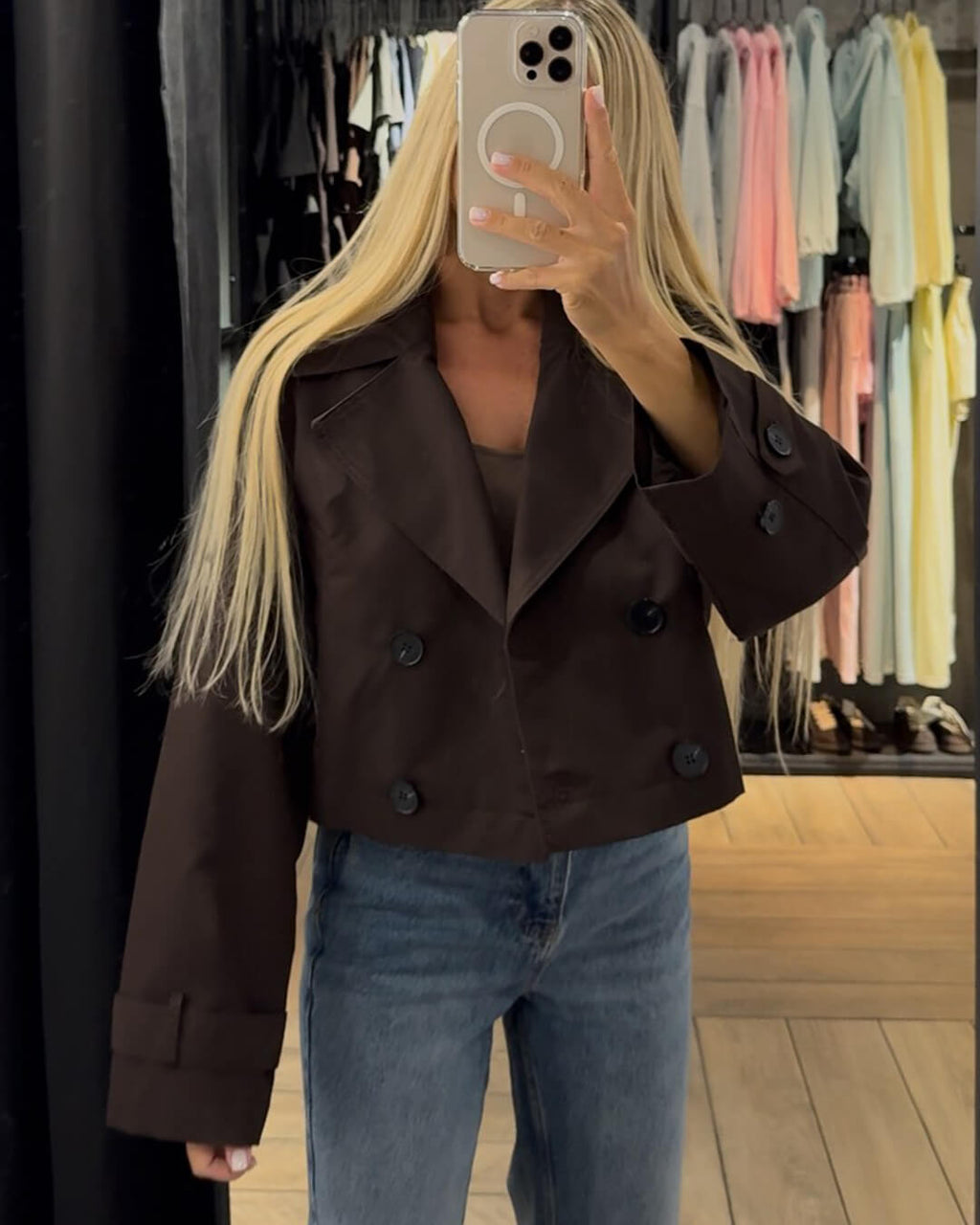 Janice Women's Cropped Trench Coat - Double-Breasted Structured Jacket - Image 9