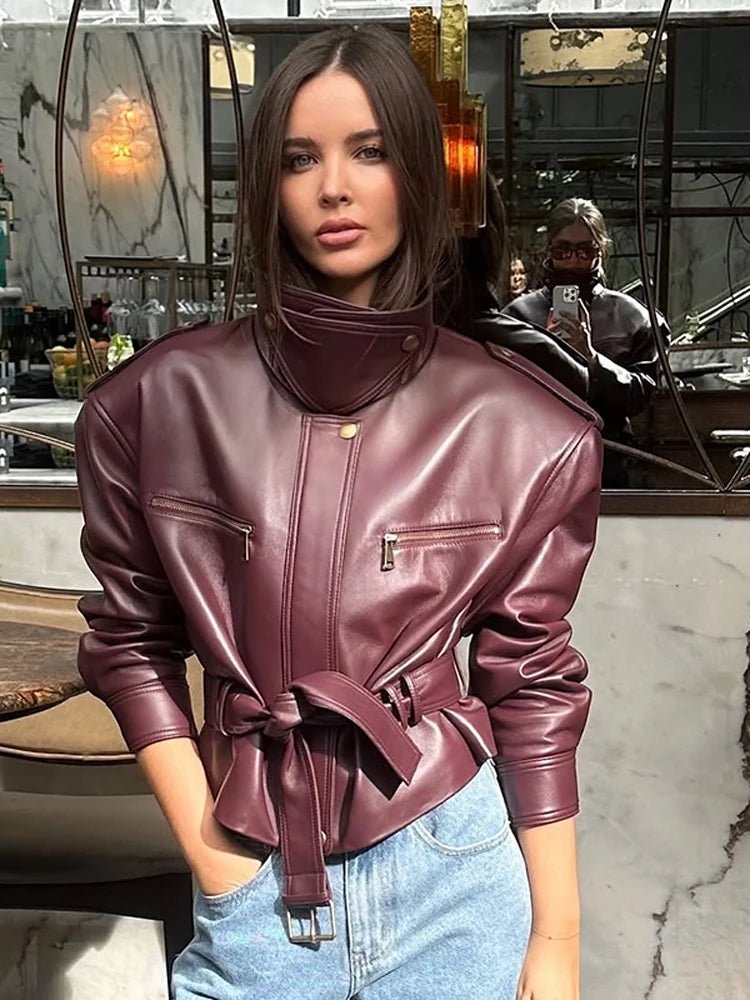 Jaqueline Belted Faux Leather Jacket - Women's Fall and Winter Outerwear - Image 2