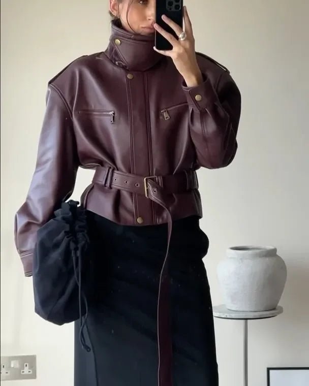 Jaqueline Belted Faux Leather Jacket - Women's Fall and Winter Outerwear - Image 6