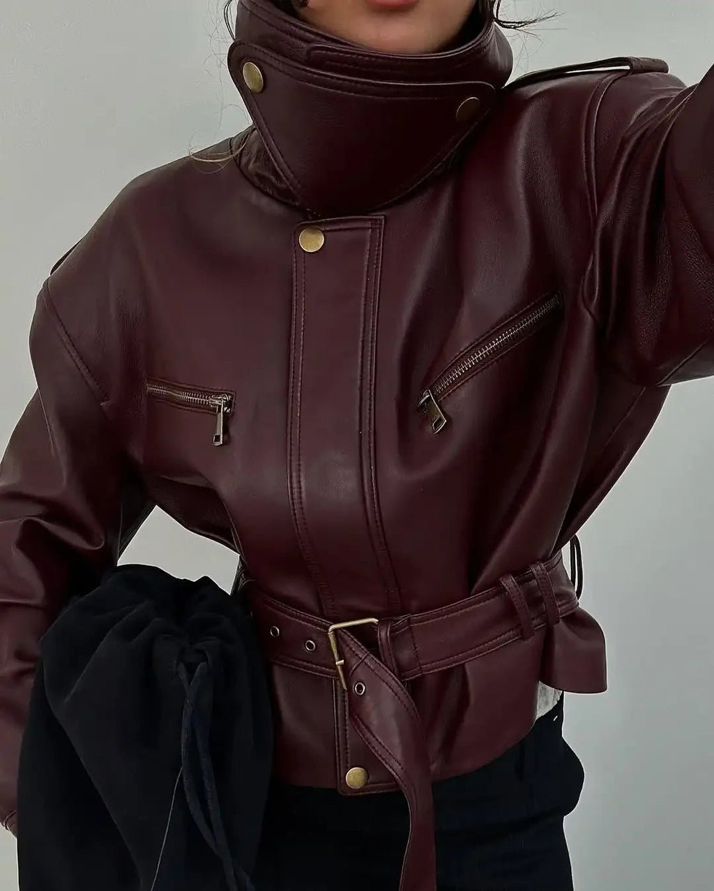Jaqueline Belted Faux Leather Jacket - Women's Fall and Winter Outerwear - Image 5