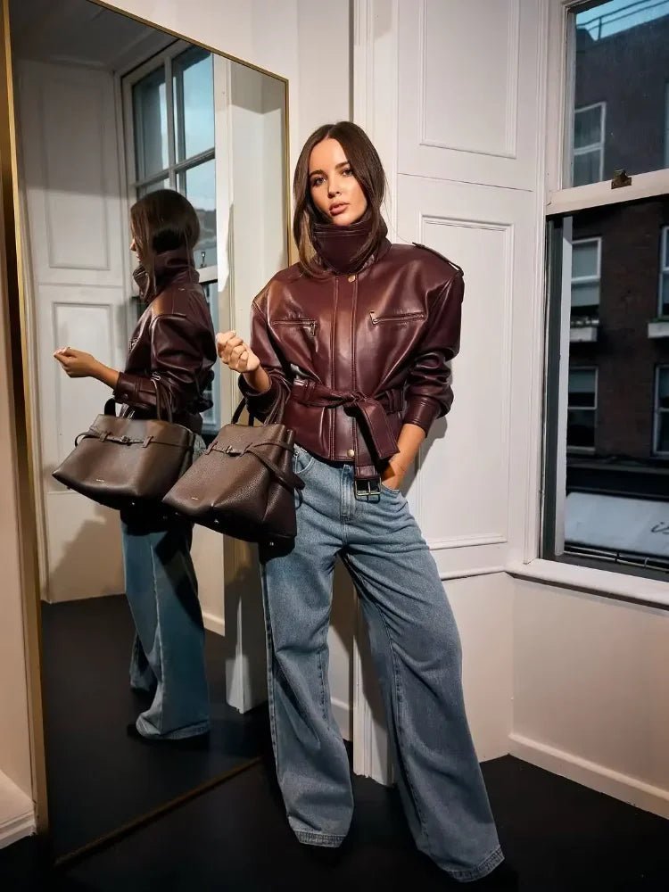 Jaqueline Belted Faux Leather Jacket - Women's Fall and Winter Outerwear - Image 3