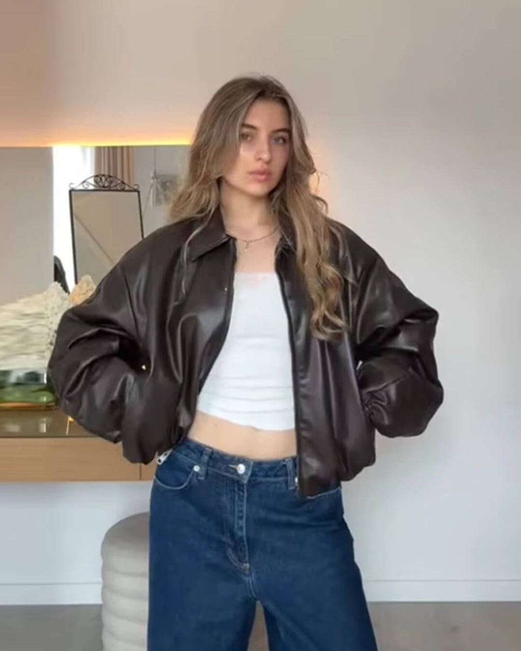 Jenny Faux Leather Bomber Jacket - Women's Fall and Winter Outerwear - Image 6
