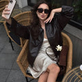 Jenny Faux Leather Bomber Jacket - Women's Fall and Winter Outerwear - Image 2