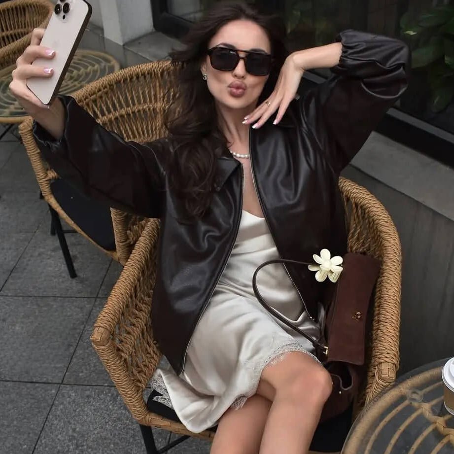 Jenny Faux Leather Bomber Jacket - Women's Fall and Winter Outerwear - Image 2