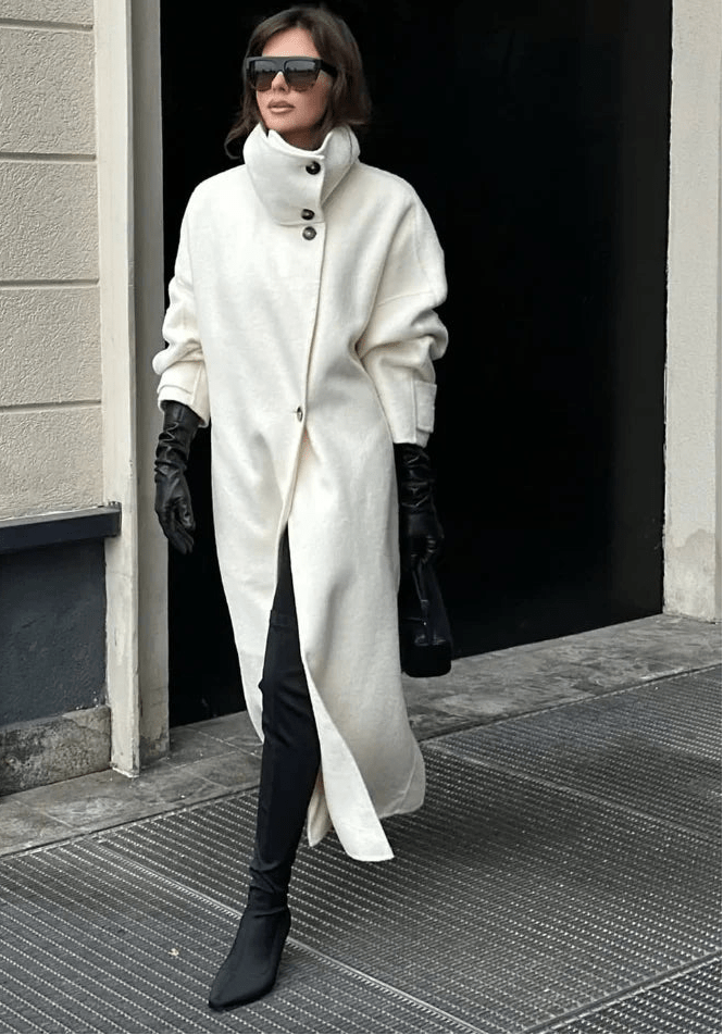 Julia Women's Stand Collar Long Coat - Off White Winter Coat