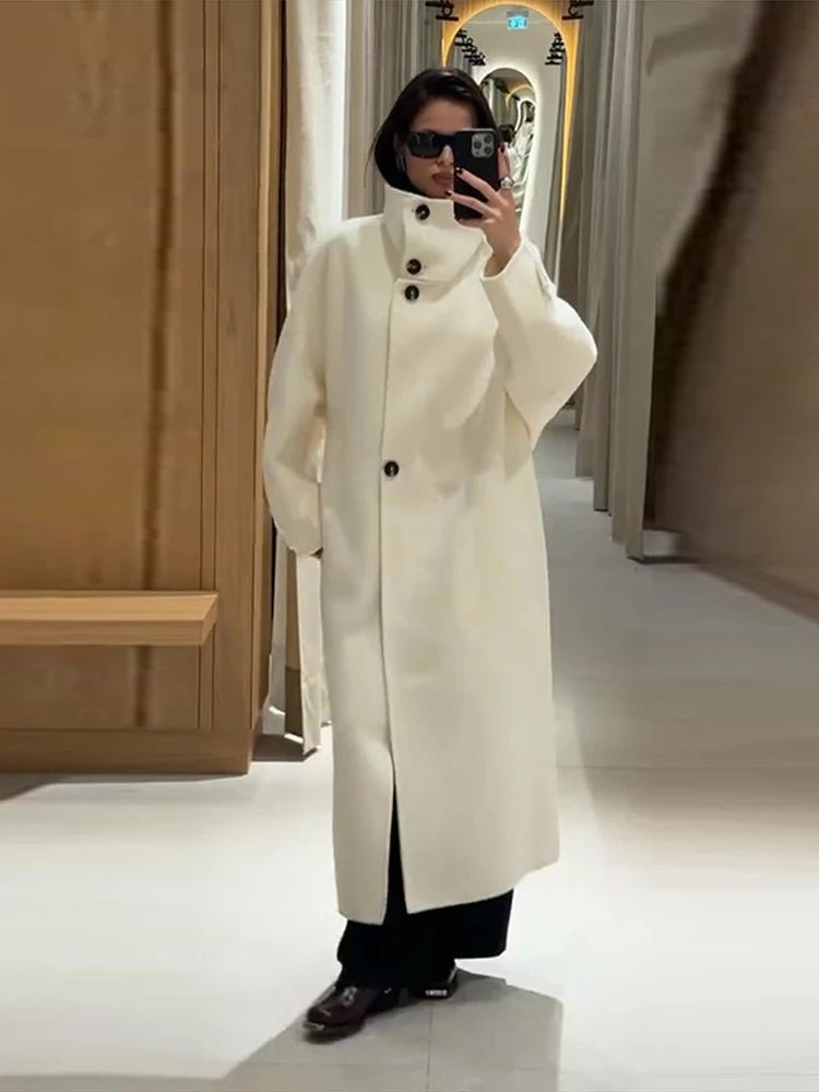 Julia Women's Stand Collar Long Coat - Off White Winter Coat - Image 2