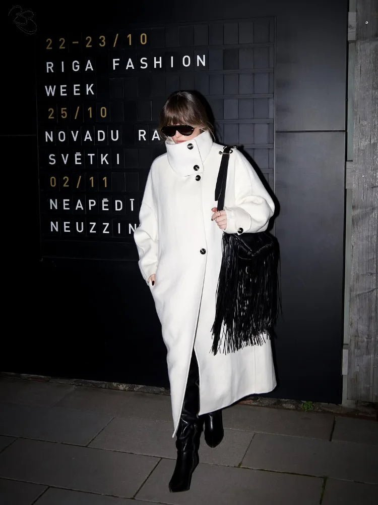 Julia Women's Stand Collar Long Coat - Off White Winter Coat - Image 4