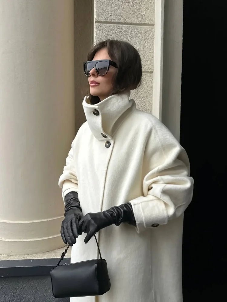 Julia Women's Stand Collar Long Coat - Off White Winter Coat - Image 3