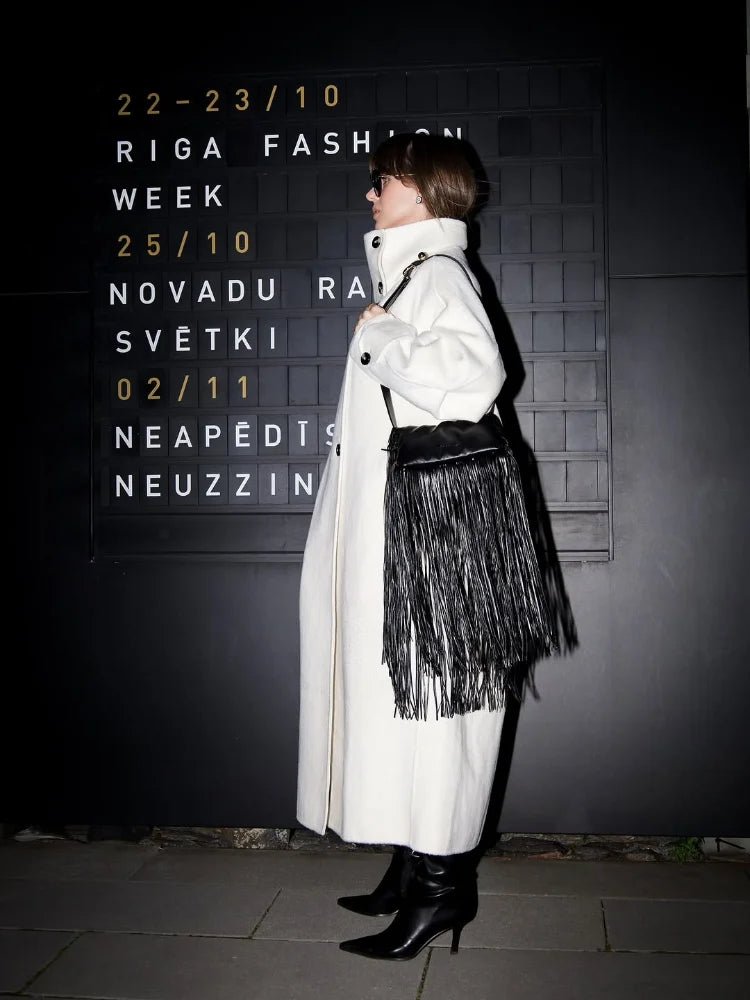 Julia Women's Stand Collar Long Coat - Off White Winter Coat - Image 6