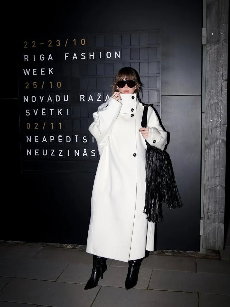 Julia Women's Stand Collar Long Coat - Off White Winter Coat - Image 5