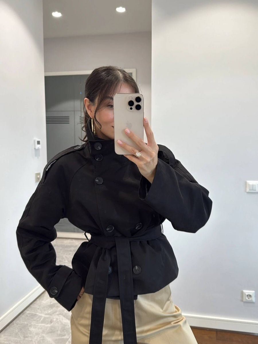 Kara Stand Collar Crop Trenchcoat - Women's Fall and Winter Outerwear - Image 16