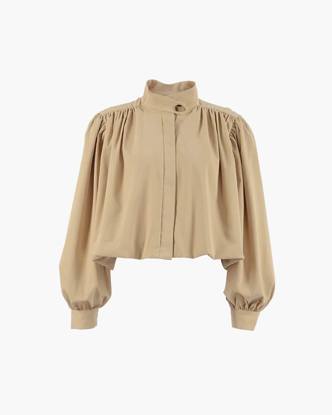 Karina Khaki Cropped Pleated Jacket - British Style Puff Sleeve Fall Layer