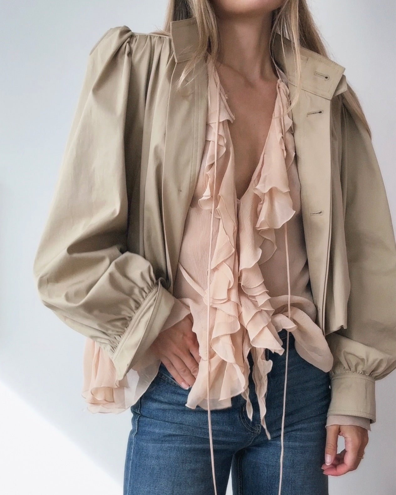 Karina Khaki Cropped Pleated Jacket - British Style Puff Sleeve Fall Layer - Image 2
