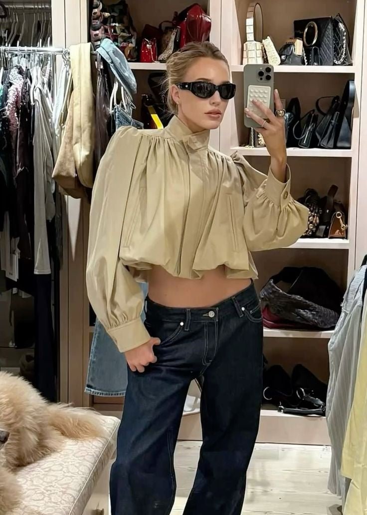 Karina Khaki Cropped Pleated Jacket - British Style Puff Sleeve Fall Layer - Image 4