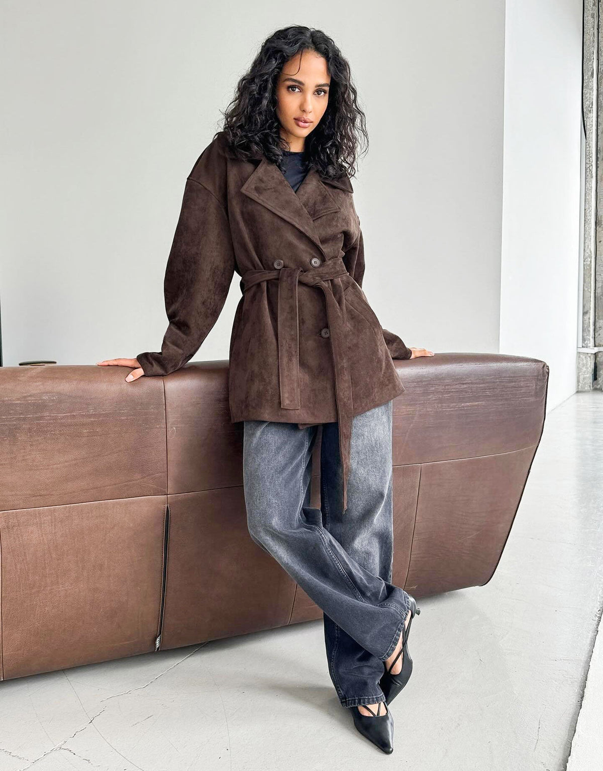 Louisa Lace Up Suede Wrap Coat - Women's Fall and Winter Outerwear - Image 2