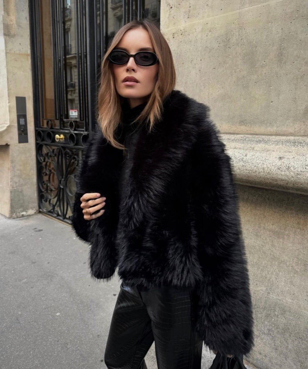 Maris Women's Cropped Black Faux Fur Coat - Plush Lapel Evening Outerwear - Image 2