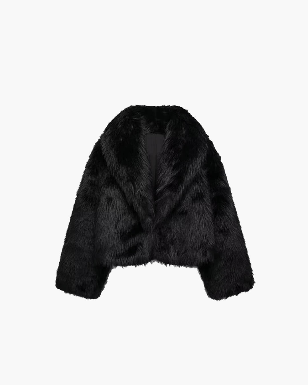 Maris Women's Cropped Black Faux Fur Coat - Plush Lapel Evening Outerwear