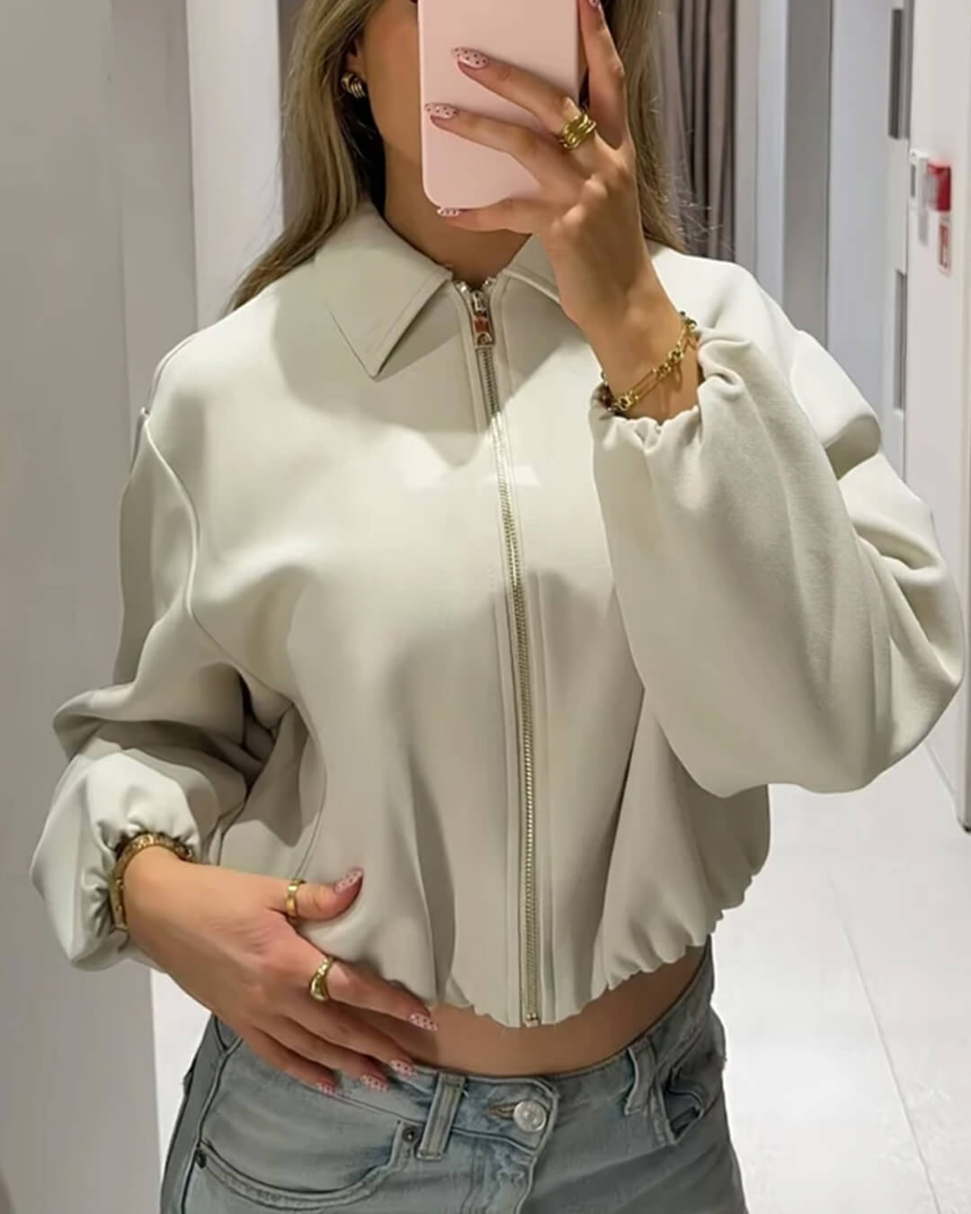 Midori Puff Sleeve Bomber Jacket - Women's Fall and Winter Outerwear - Image 2