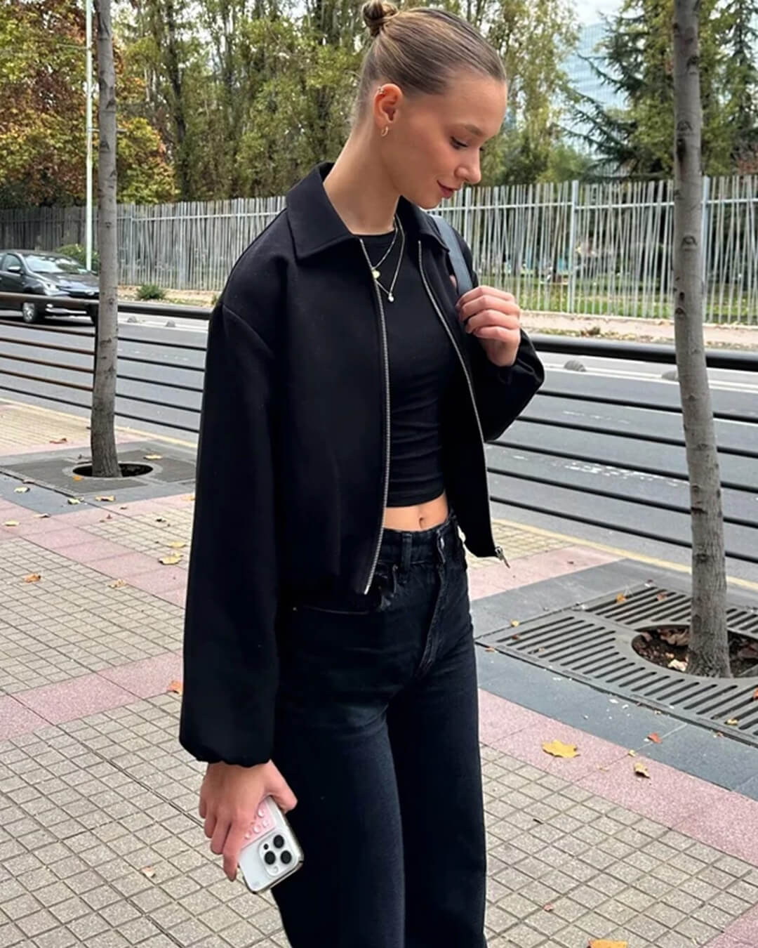 Midori Puff Sleeve Bomber Jacket - Women's Fall and Winter Outerwear - Image 4