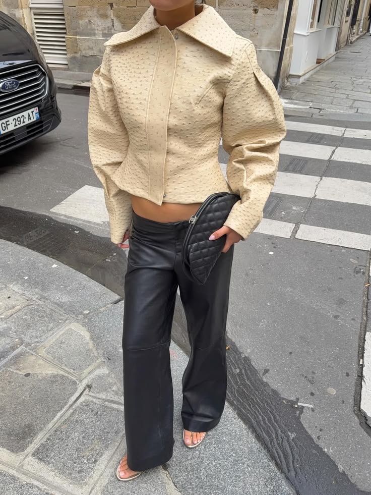 Rosette Ostrich Faux Leather Jacket - Women's Fall and Winter Outerwear - Image 2