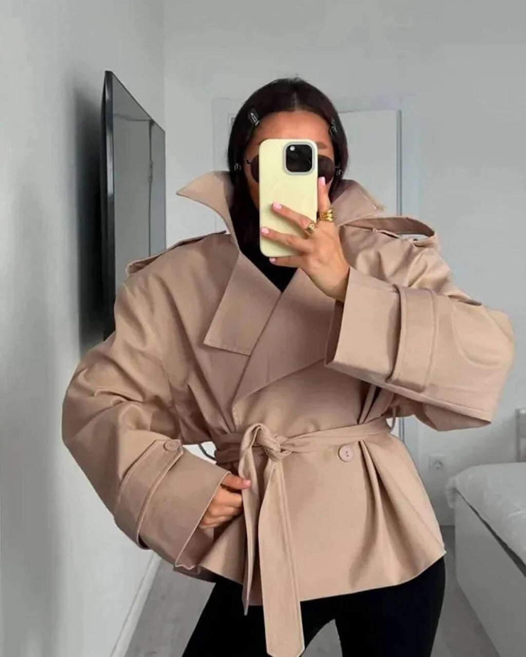 Sandy Lace Up Short Trench Coat - Women's Fall and Winter Outerwear - Image 7