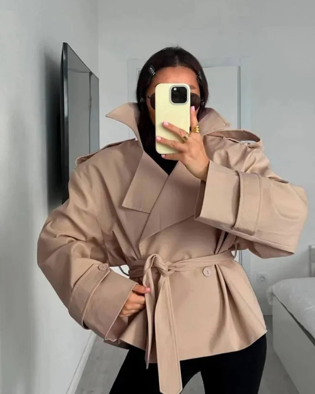 Sandy Lace Up Short Trench Coat - Women's Fall and Winter Outerwear - Image 7