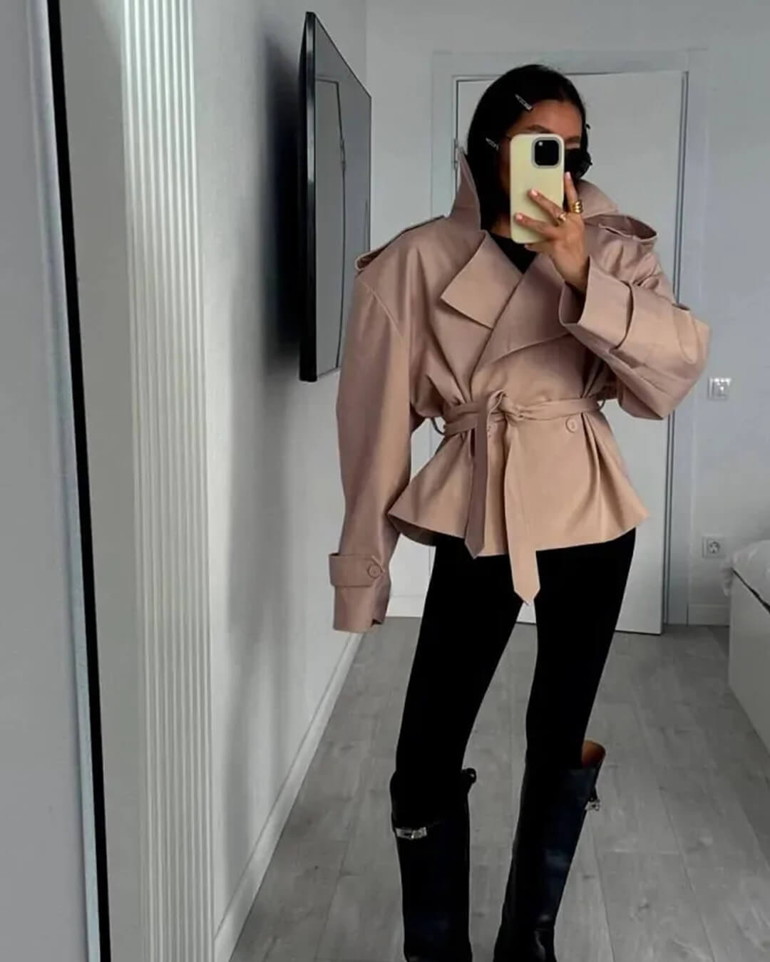 Sandy Lace Up Short Trench Coat - Women's Fall and Winter Outerwear - Image 8