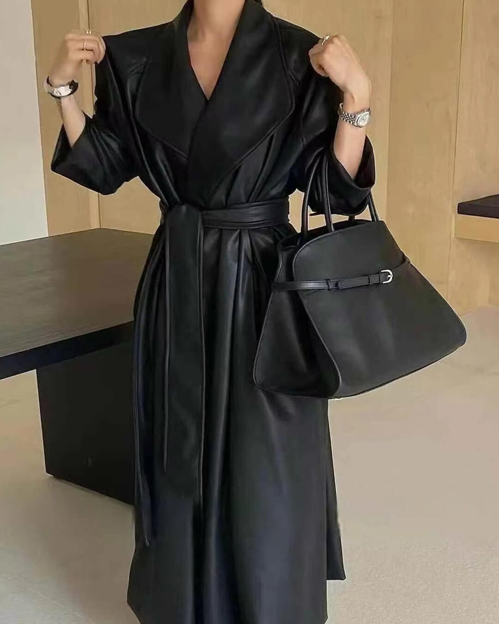 Shiela Faux Leather Maxi Trench Coat - Women's Fall and Winter Outerwear - Image 5