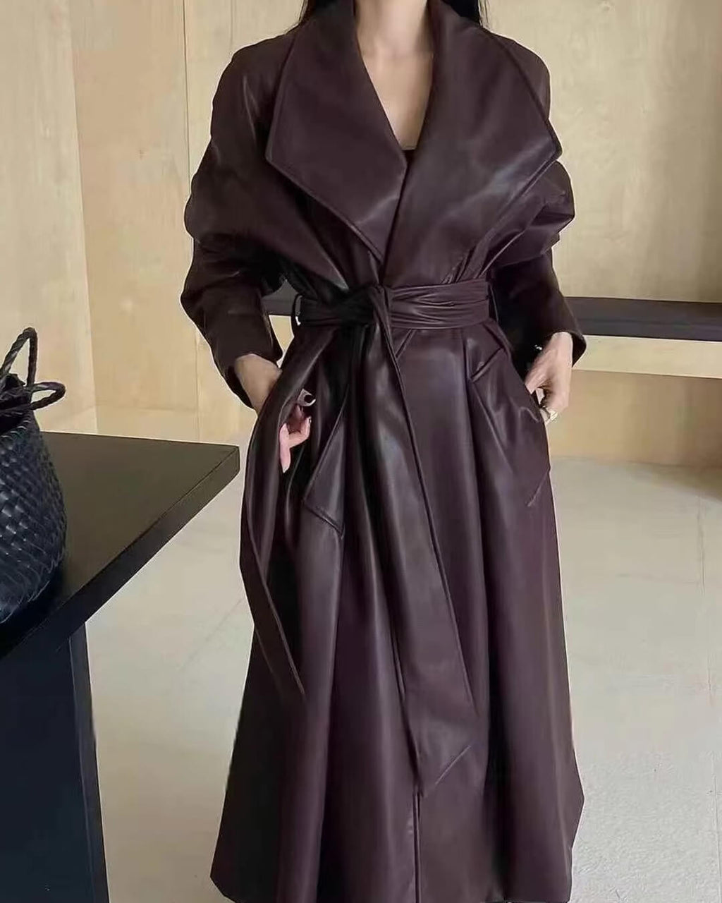 Shiela Faux Leather Maxi Trench Coat - Women's Fall and Winter Outerwear