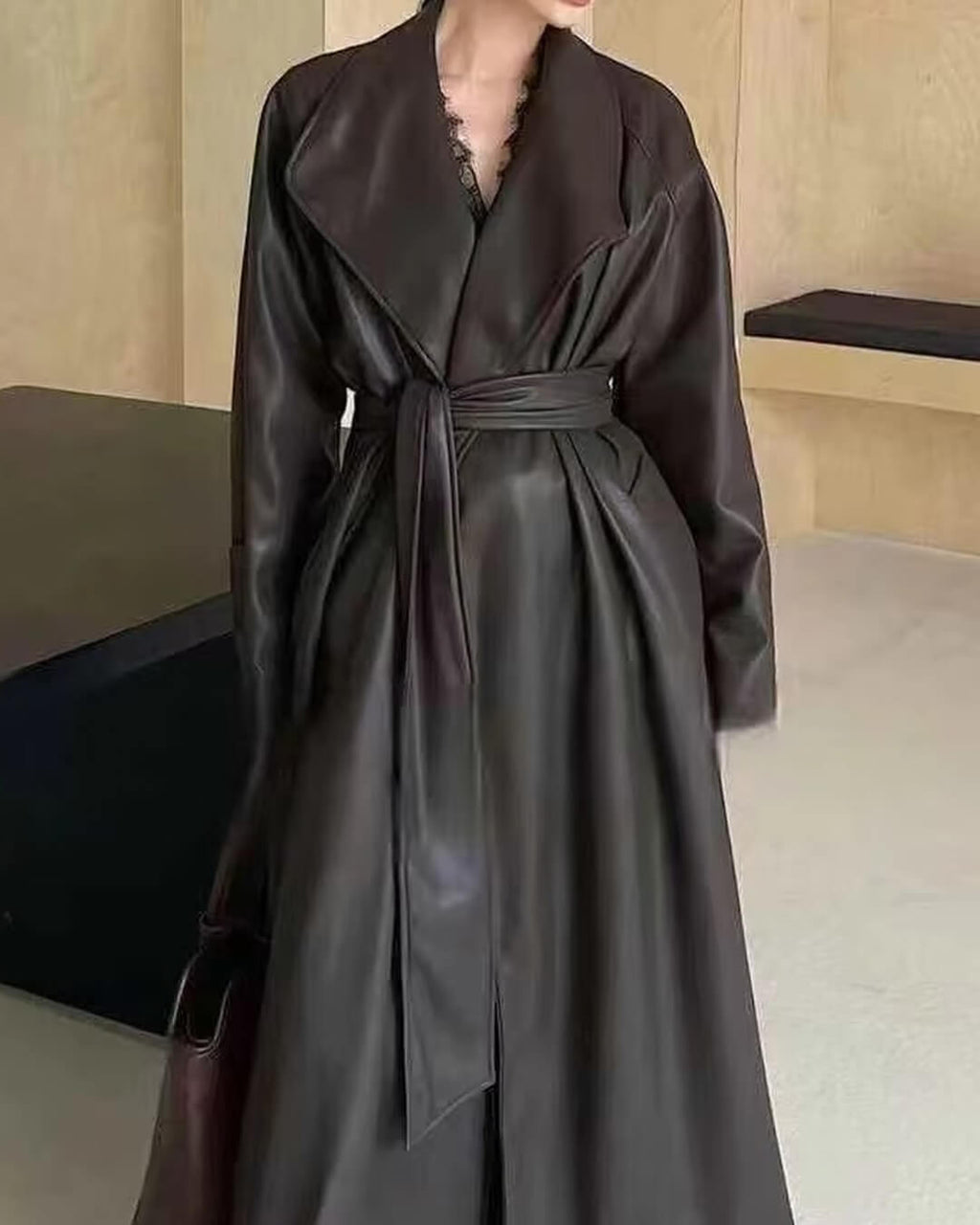 Shiela Faux Leather Maxi Trench Coat - Women's Fall and Winter Outerwear - Image 3