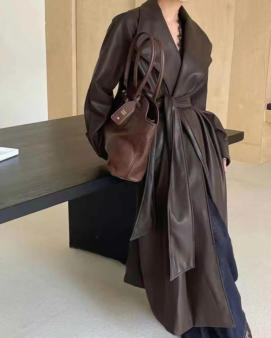 Shiela Faux Leather Maxi Trench Coat - Women's Fall and Winter Outerwear - Image 4