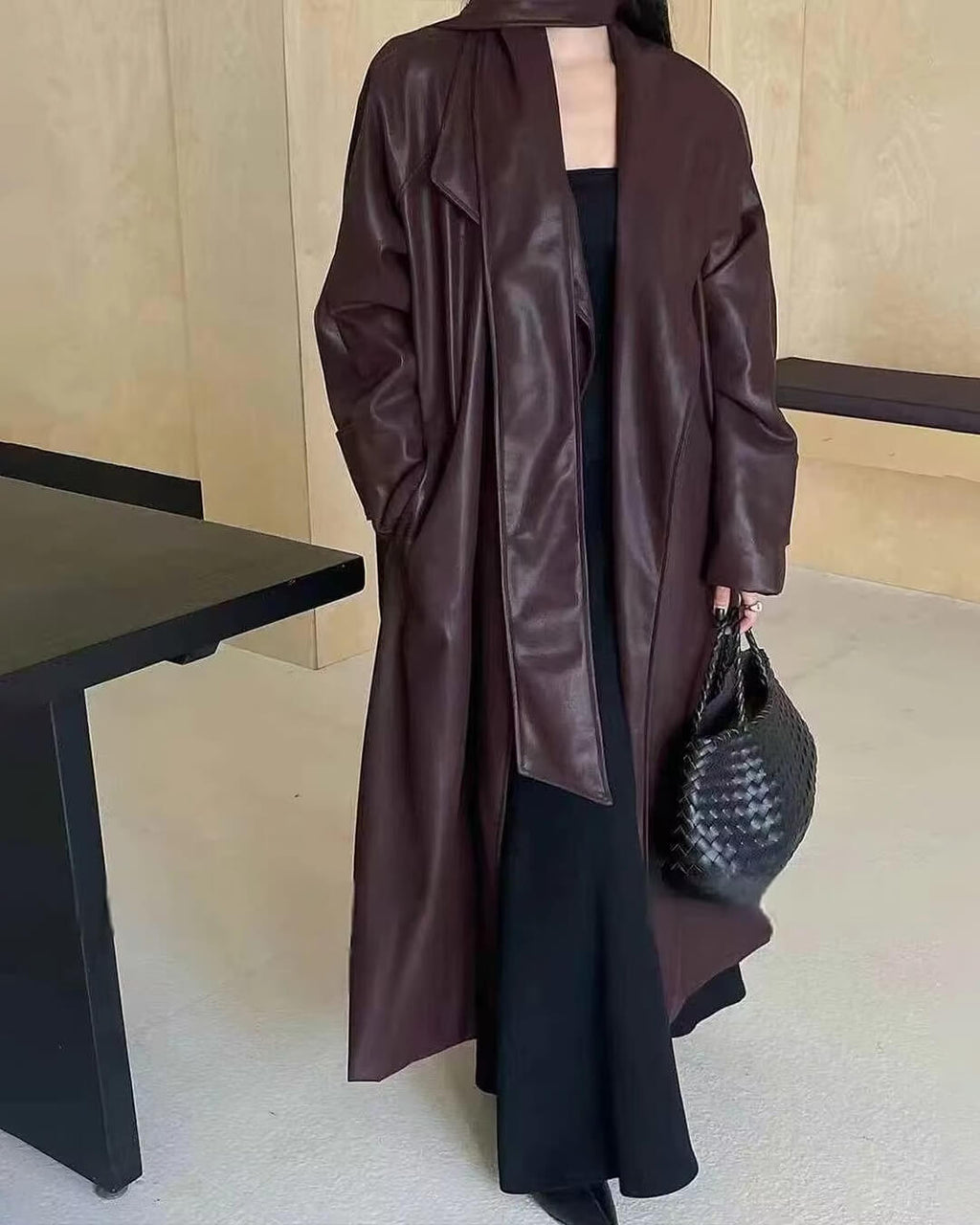 Shiela Faux Leather Maxi Trench Coat - Women's Fall and Winter Outerwear - Image 2