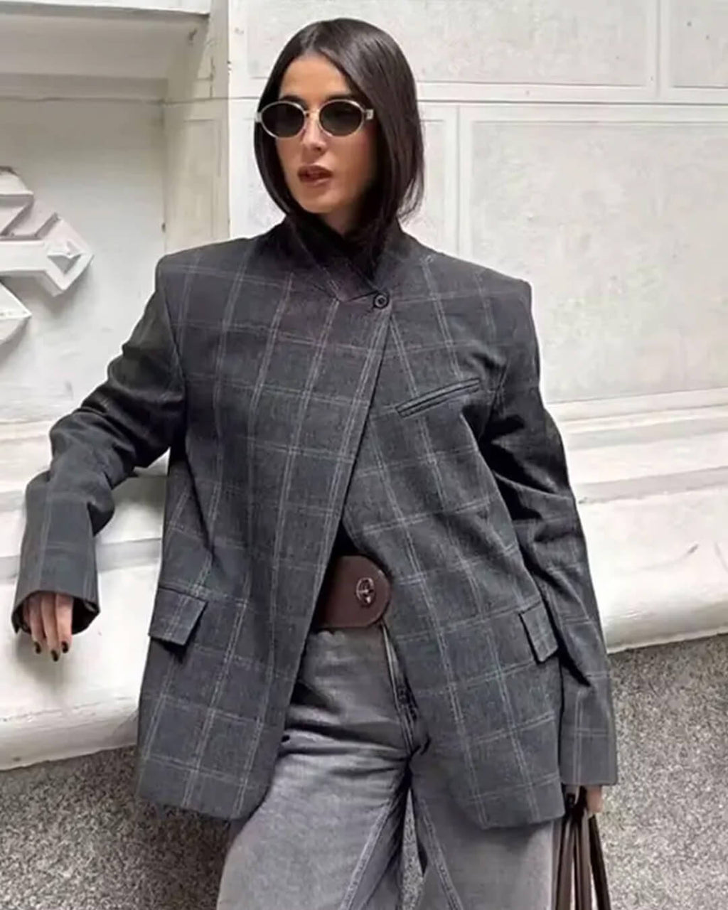 Aerona Plaid Stand Collar Blazer - Women's Fall and Winter Outerwear - Image 2