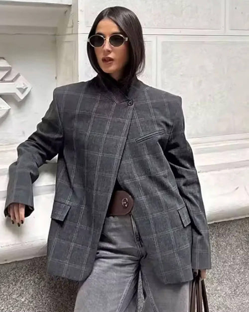Aerona Plaid Stand Collar Blazer - Women's Fall and Winter Outerwear - Image 2