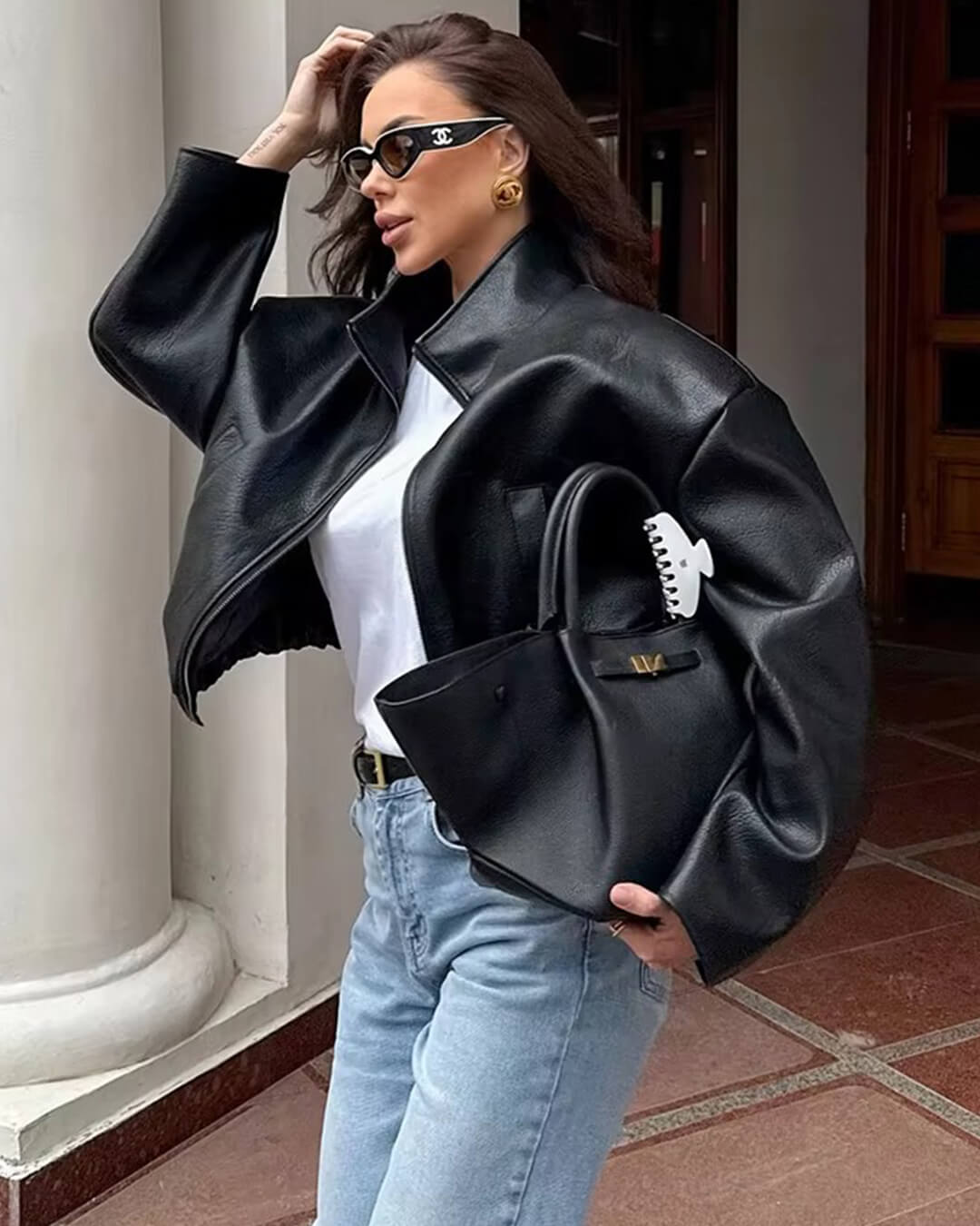 Zip Zip Up Leather Jacket - Women's Fall and Winter Outerwear - Image 2