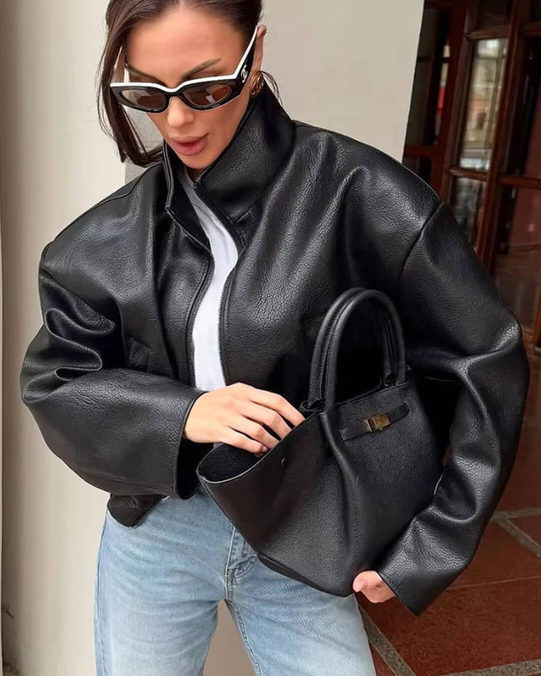 Zip Zip Up Leather Jacket - Women's Fall and Winter Outerwear
