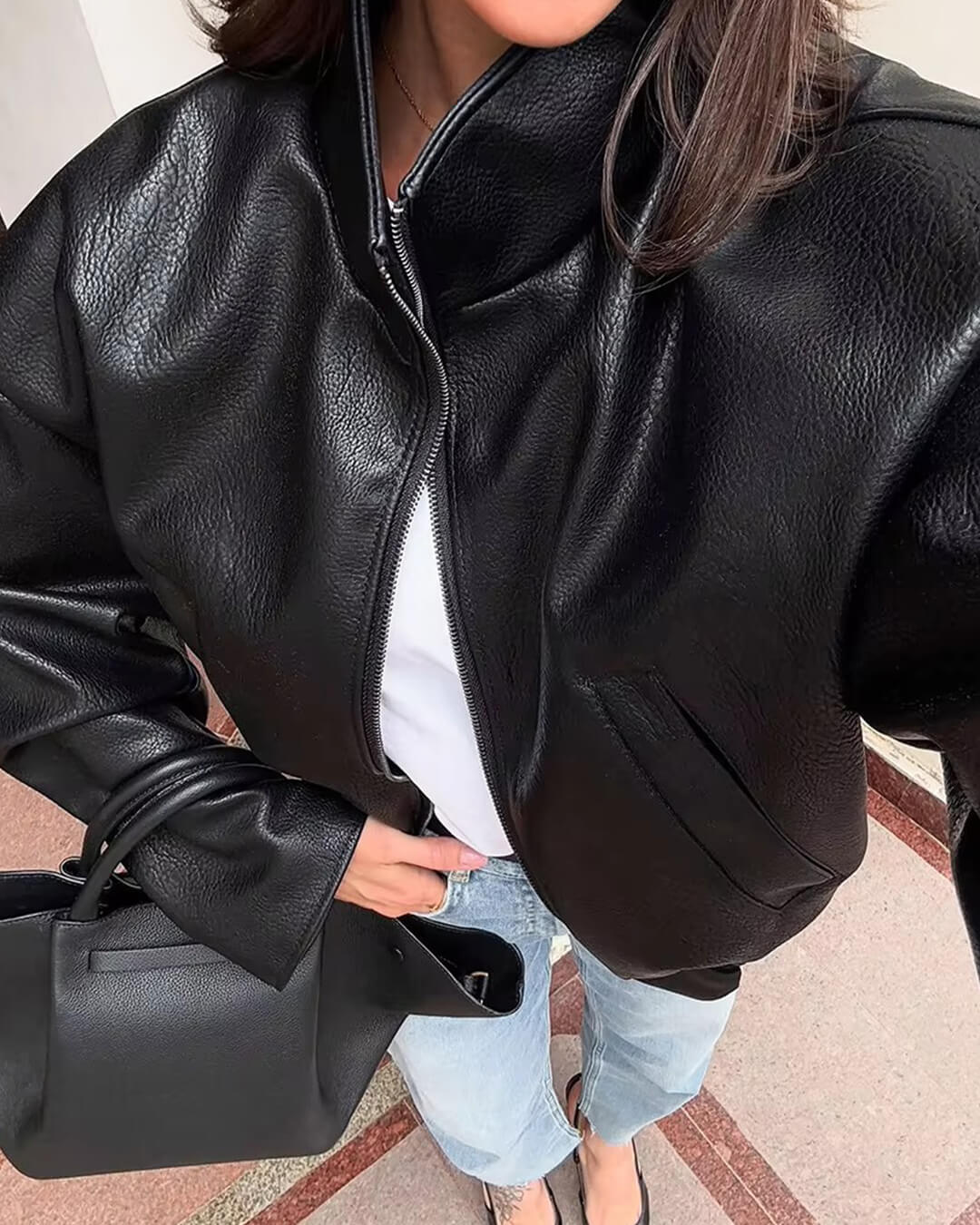 Zip Zip Up Leather Jacket - Women's Fall and Winter Outerwear - Image 4