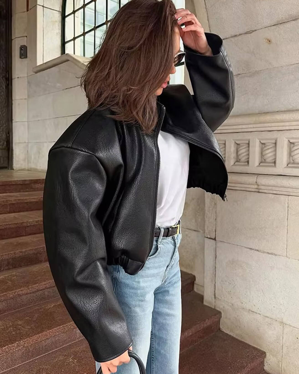 Zip Zip Up Leather Jacket - Women's Fall and Winter Outerwear - Image 6