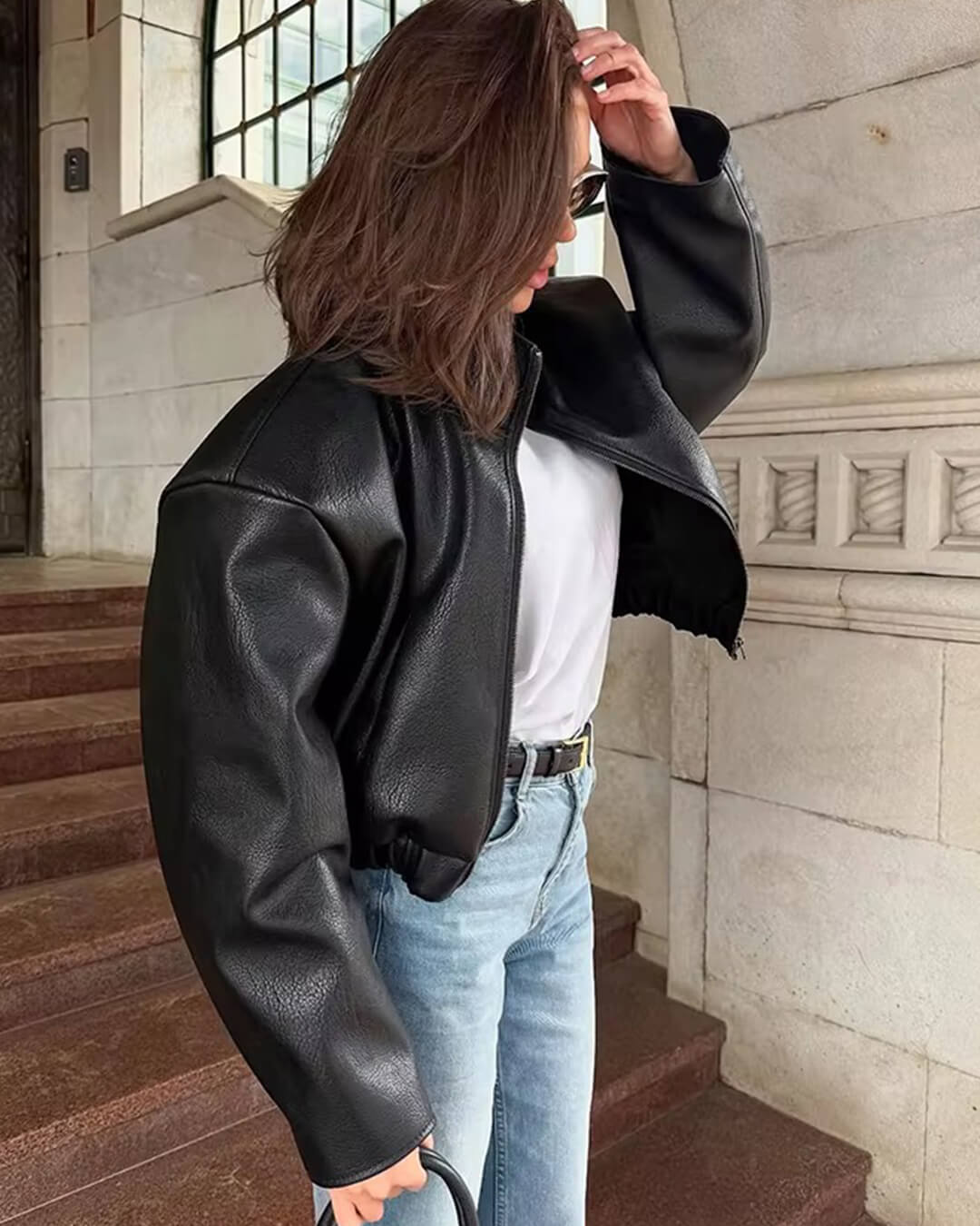 Zip Zip Up Leather Jacket - Women's Fall and Winter Outerwear - Image 6