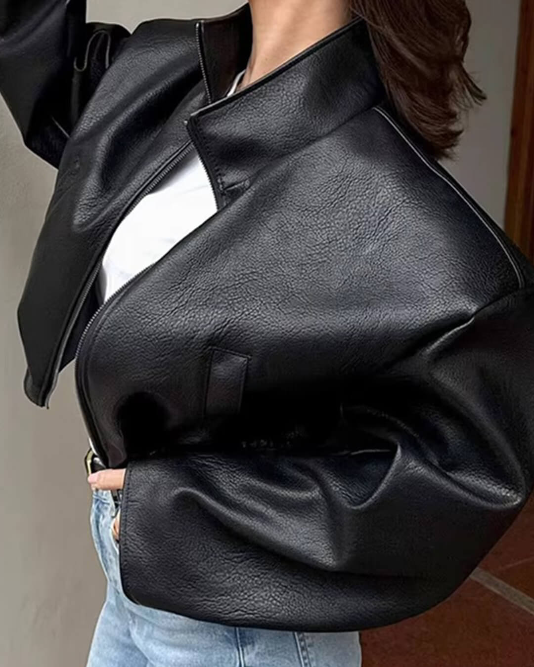 Zip Zip Up Leather Jacket - Women's Fall and Winter Outerwear - Image 3
