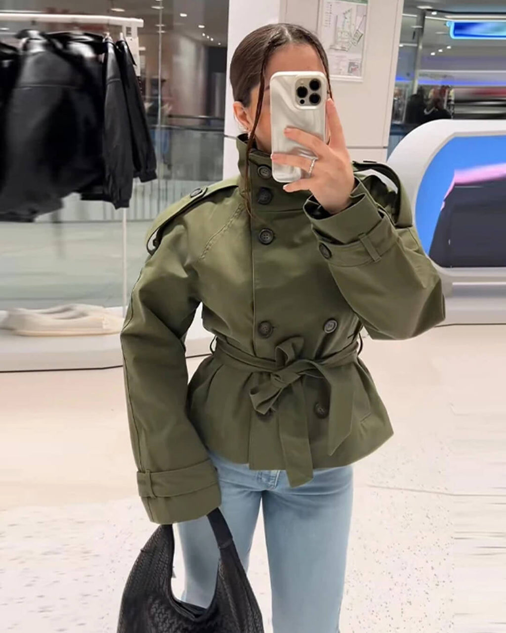 Thea Belted Short Trench Coat for Women - Double Breasted Cropped Jacket - Image 8