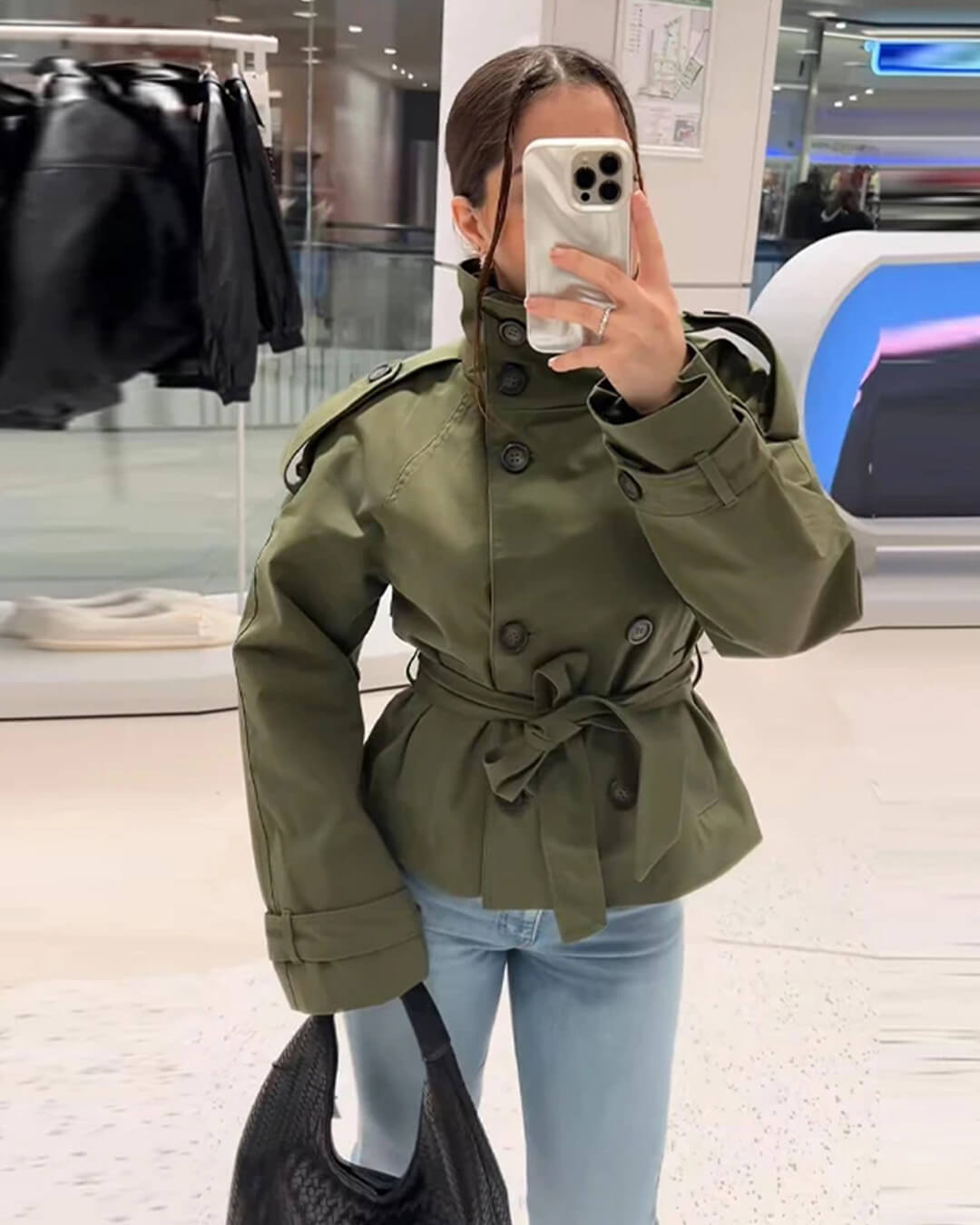 Thea Belted Short Trench Coat for Women - Double Breasted Cropped Jacket - Image 8