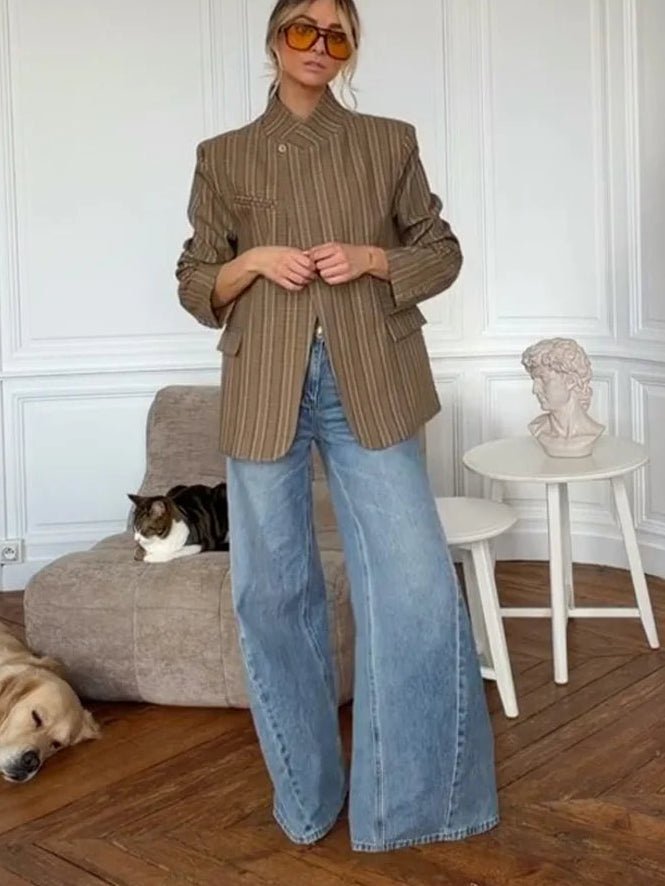 Willow Stand Collar Striped Suit Jacket - Women's Fall and Winter Outerwear - Image 5