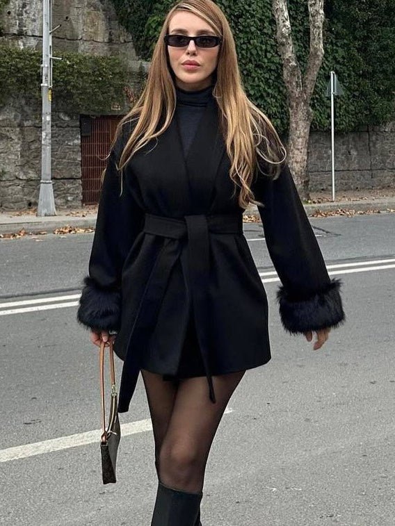 Wool Wrap Coat with Fox Fur Cuff - Women's Fall and Winter Outerwear - Image 10