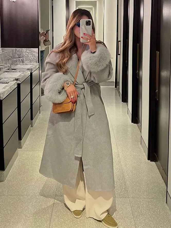 Wool Wrap Coat with Fox Fur Cuff - Women's Fall and Winter Outerwear - Image 8