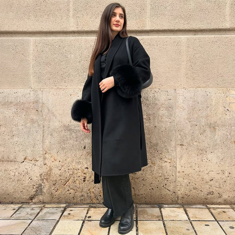 Wool Wrap Coat with Fox Fur Cuff - Women's Fall and Winter Outerwear - Image 12