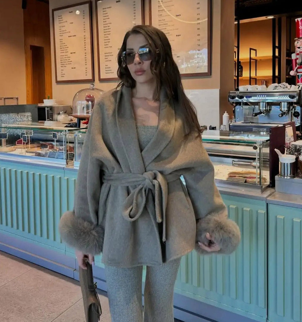 Wool Wrap Coat with Fox Fur Cuff - Women's Fall and Winter Outerwear
