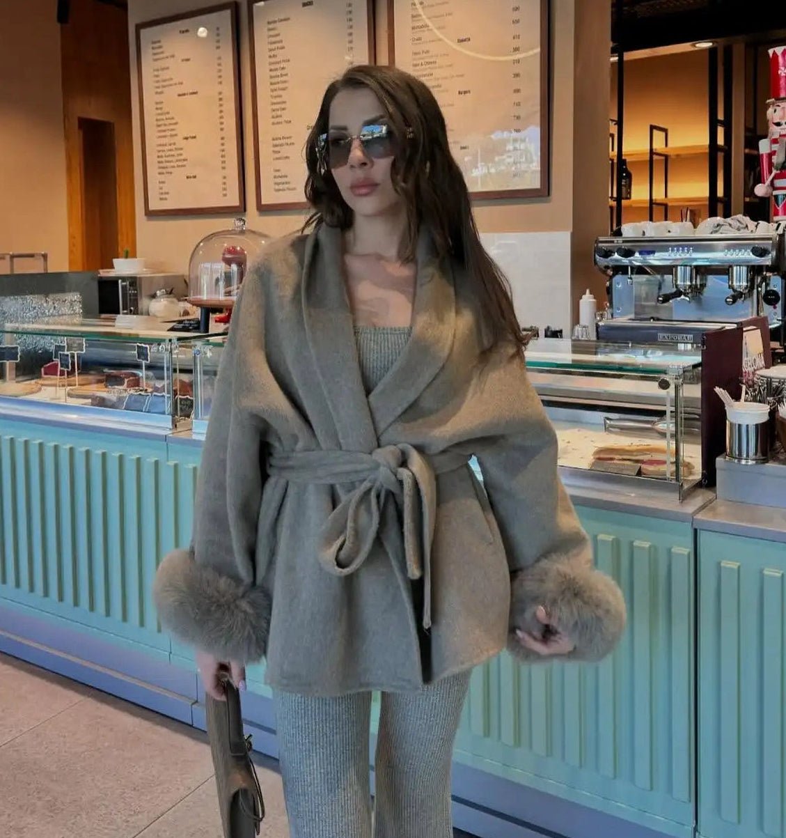 Wool Wrap Coat with Fox Fur Cuff - Women's Fall and Winter Outerwear