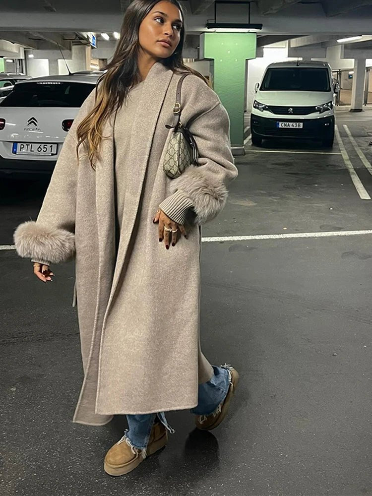 Wool Wrap Coat with Fox Fur Cuff - Women's Fall and Winter Outerwear - Image 2