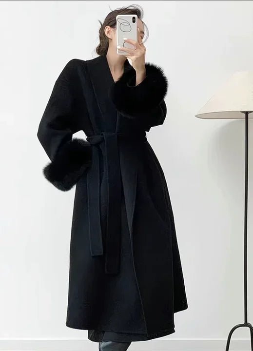 Wool Wrap Coat with Fox Fur Cuff - Women's Fall and Winter Outerwear - Image 11